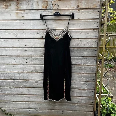 Karen Millen Vintage 90s Y2K Silk Slip Cami Dress 14 Black Sexy Fairy Flowers • £62.99