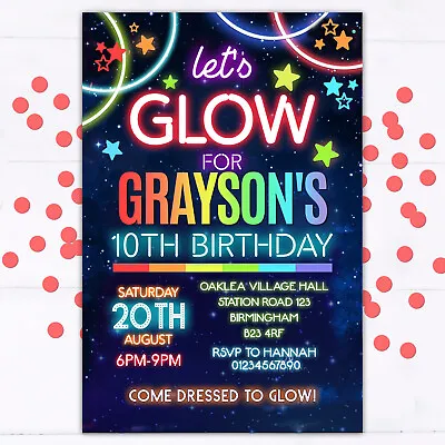 Personalised Glow Party Invitations Birthday Invites Neon Disco Dance Party • £5.95