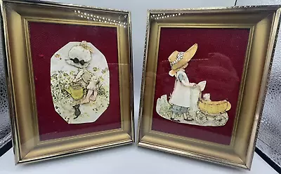 Pair Of Vintage 3-D Layered Paper Holly Hobbie Art Shadow Box In Gold Frames • $12