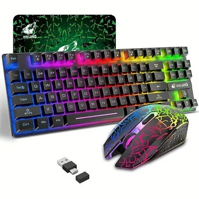 Wireless Gaming Keyboard Mouse Combo Rainbow Backlit 87 Key For PC MAC PS4 PS5 • £27.30