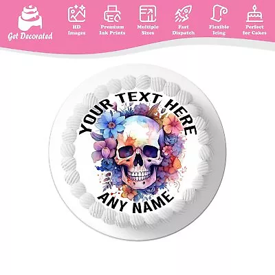 Cool Skull Flowers Personalised Cake Icing Topper Edible Cupcake Decoration • £2.49