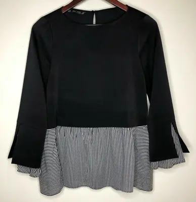 $16.99 • Buy Zara Basic Collection Size XS Women's Black Top Striped Hem & Wrist Ruffles