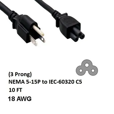 10ft 3 Prongs AC Power Cable Cord NEMA 5-15P To IEC-60320 C5 18AWG 10A/125V  • $6.50