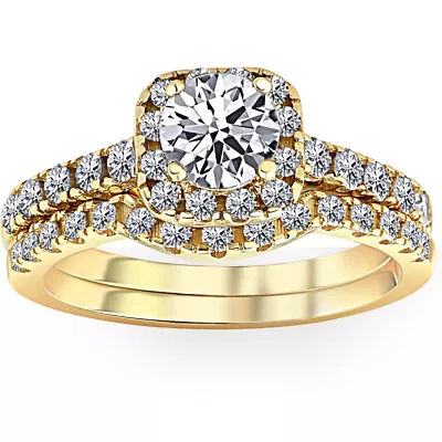 1 1/4 Ct Diamond Cushion Halo Engagement Wedding Ring Set 14k Yellow Gold • $999.99