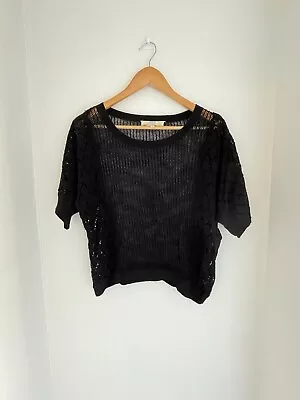 VANESSA BRUNO ATHE Black Cotton & Linen Lace Boxy Mesh Top Size 1 12/14 • £20