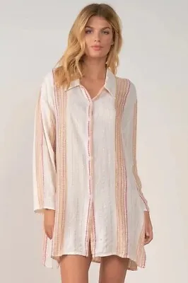 NWT Elan Shimmer Tunic Dress Women’s Embroidered White Pink Medium Button Up • $28.16