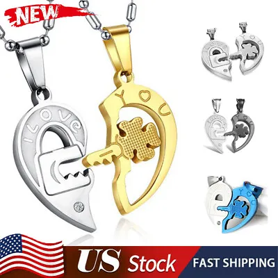 His And Hers Stainless Steel I Love You Heart Lock & Key Couple Pendant Necklace • $5.89