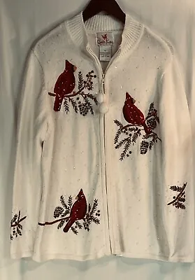 Quacker Factory Women's Cream Red Cardinal Christmas Holiday Zip Sweater Sz XL • $29.99
