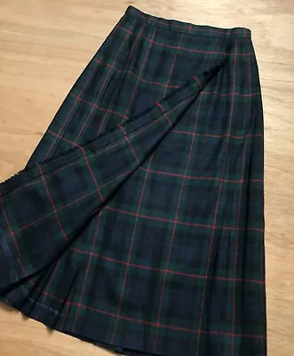 Vtg TALBOTS Green Tartan Wool Plaid Kilt Skirt Sz 10 Fringe Made In USA • $42.46