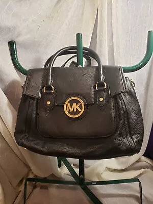 Michael Kors Margo Black Leather Gold Logo Large Satchel Crossbody Bag. Vgc • $19.99