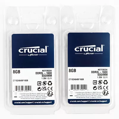 Crucial 16GB DDR3L 204-Pin 2x 8GB Kit 1600MHz 204-Pin Dual Channel Laptop Sodimm • $22.86