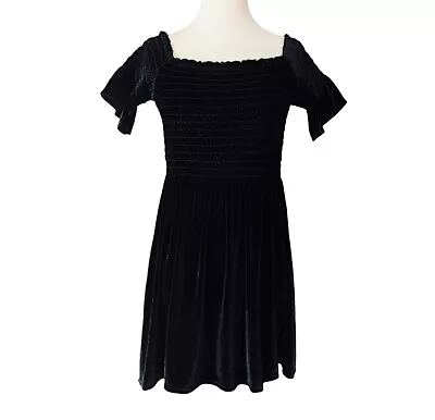 URBAN OUTFITTERS Clara Off The Shoulder Black Velvet Smocked Dress Size M • £24.08