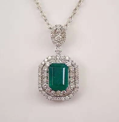 18K White Gold 5.20 Ct Emerald And Diamond Halo Pendant Necklace 18  Chain May • $7295