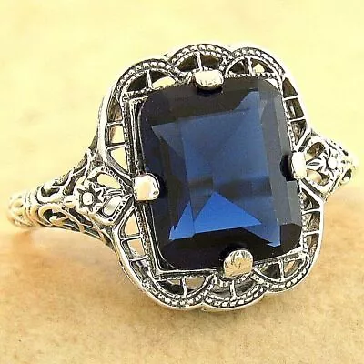 Deco Antique Style 925 Sterling Silver Simulated 3 Ct Sapphire Ring        #1167 • $24