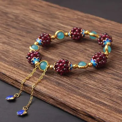 Natural Garnet Gemstone Round Bead Women Healing Reiki Chain Bracelet Xmas Gift • $11.59