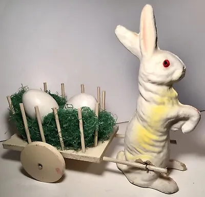 Vintage Paper Mache Easter Bunny Rabbit With Cart And Two Wooden Eggs ~ 11” Long • $69