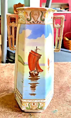 Great Antique Hand Painted Imperial Nippon 2-Handle Vase Sailing Ships 9.5  • $12