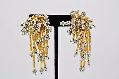 Vintage Clip Beaded Earrings Dangle Fringe Gold Silver Cluster Chunky 1980s NOS • $17.56