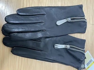 Michael Kors Mk Women's Black Leather Lined Gloves With Zipper M • $45