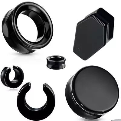 $13.99 • Buy PAIR Black Agate Organic Stone Tunnels Double Flare Plugs Earlets Gauges