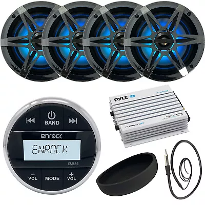 Enrock Marine Stereo Receiver 4x 6.5  LED Chrome Speakers Amp Cover Antenna • $282.99