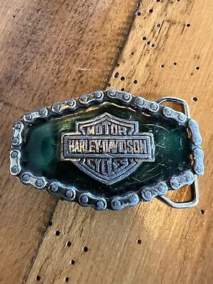 Harley Davidson Motorcycle Chain 1970s Vintage Belt Buckle Green Enamel. Rare • $35