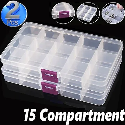 2X Transparent 15 Compartment Plastic Organizer Box Craft Bead Storage Container • £3.59