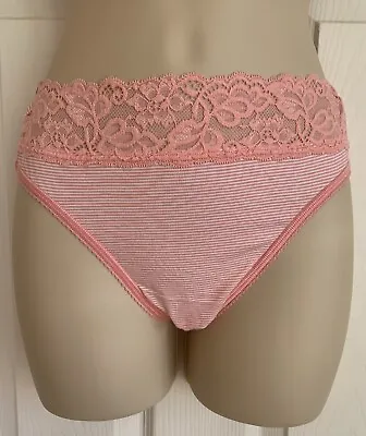 EX M*S Dusty Pink Stripe Cotton Rich Lace Striped High Leg Knickers Size 10-22 • £3.59