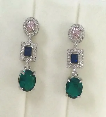 $495 • Buy Vintage Jewellery White Gold Earrings Emerald And Sapphires Antique Deco Jewelry