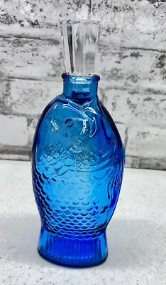 Vintage Wheaton Blue Glass Fish Bottle Dr. Fisch's Bitters 7.5  Glass Stopper • $19.99