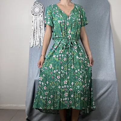 Womens Maxi Dress Size 16 XL Floral Green Flutter Sleeve Waist Tie Boho Midi • $34.95
