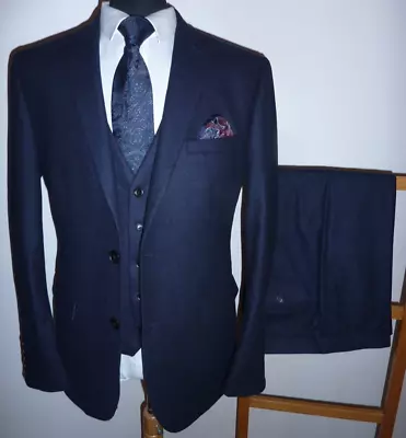 Men's Next Suit 42 R 3 Piece Tailored Fit Blue Jacket Waistcoat Trousers 34 X 33 • £34