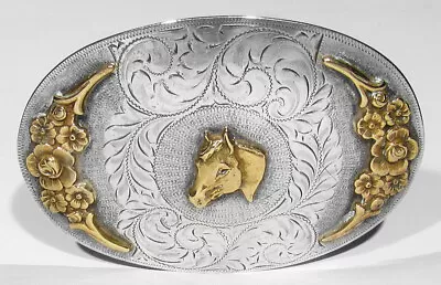 LARGE OLD Signed Boyd 117g 925 Silver Gold Show Horse Head & Flowers Belt Buckle • $67.10