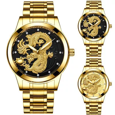 Fashion Dragon Quartz Watch Mens Business Waterproof Stainless Steel Wristwatch • $19.85