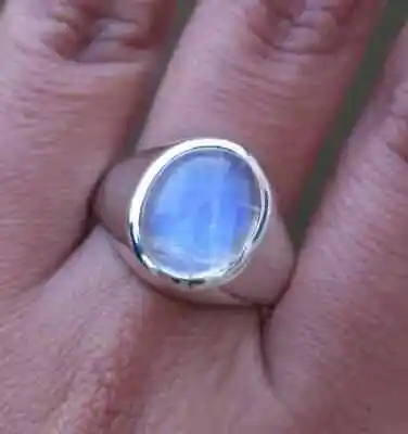 Solid 925 Sterling Silver Natural Blue Moonstone Oval Gemstone Mens Unisex Ring • $30.39