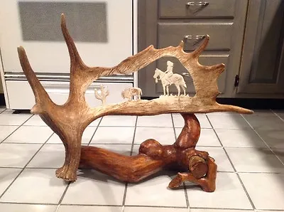 Moose Antler Carving Native American Indian Buffalo Bison Cactus JA 03 Log Stand • $625