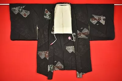 Vintage Japanese Kimono Silk Antique BORO Black HAORI Kusakizome Woven/BB721/525 • £44.40