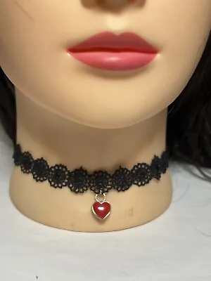 Vintage 90's Goth Grunge Rock Alt Punk Lace Choker Puffy Red Enamel Heart SS323 • $13.99