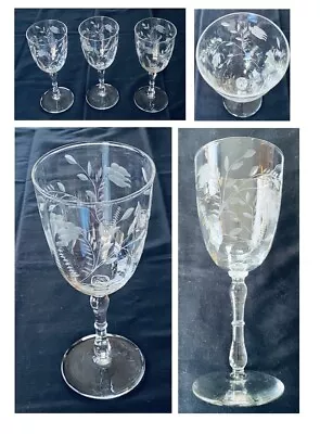 VINTAGE Wine Glasses 12 Oz. Stem # 113 Optic Flowers Clear 3-Piece Set • $28.88