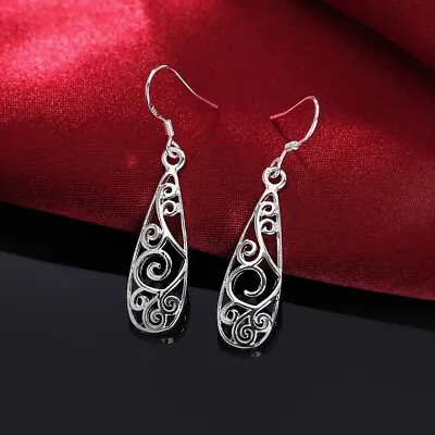 $9.99 • Buy Women 925 Sterling Silver Filigree Flower Teardrop Drop Dangle Hook Earrings E46