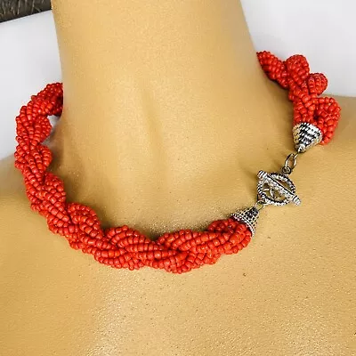 Vintage Necklace Sead Beads Red Multi Strand Beaded Colorful Toggle Clasp 4757 • $15.98