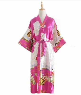 $12.99 • Buy New Rose Kimono Satin  Dressing Gown Women's Long Bath Robe Pajamas Sleepwear