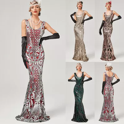 Vintage 20's Flapper Long MAXI Dress Great Gatsby Sequin Cocktail PROM Ball Gown • £37.20