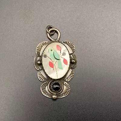 Vintage Southwestern Bird Turquoise Coral Onyx Stamped Silver Pendant • $125