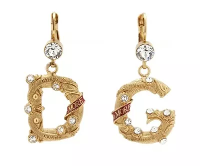 DOLCE & GABBANA Gold Red Amore Love DG Logo Crystal Dangle Drop Earrings Jewelry • £335