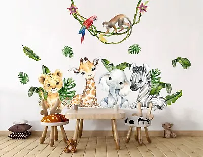 Baby Safari Animals Elephant Lion Giraffe Palm Leaf Removable Wall Decal Sticker • $123.50