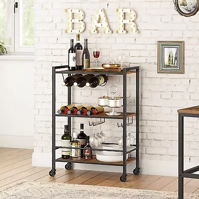 3 Tier Rolling Industrial Design Rustic Wooden Bar Kitchen Cart Trolley Wheels • £43.99