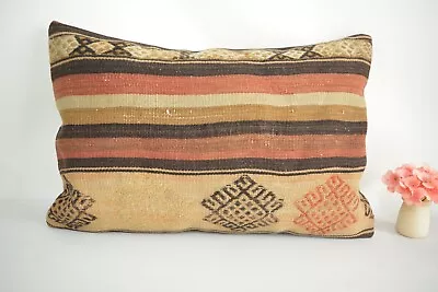 Turkish Handmade Lumbar Pillow Cover 16x24in Antique Multicolor Kilim Pillow • $42