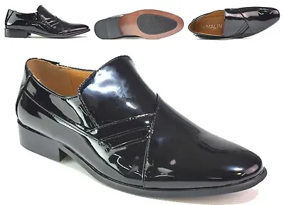 Mens Black Patent Shoes Gents Formal Slip On Rounded Toe Outdoor Uk Sizes 7-12 • £21.99