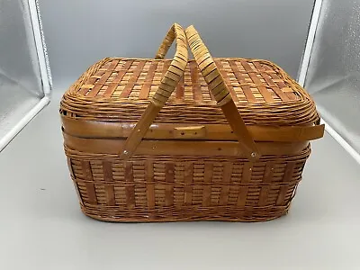 Woven Bamboo Rectangular Picnic Sewing Basket Double Handles Japan 11” X 8” • £28.92